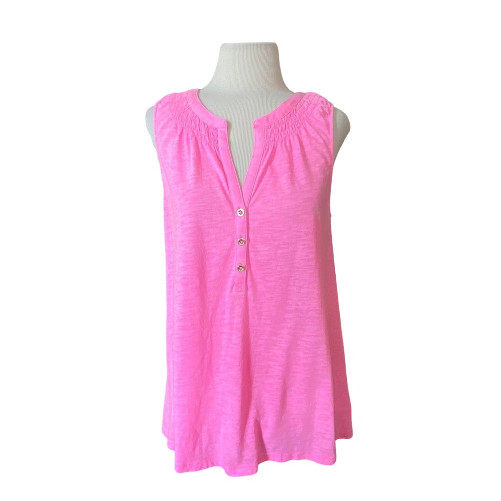 Lilly Pulitzer Pink Knit Henley Tank Top  Smocked  Sleeveless Blouse